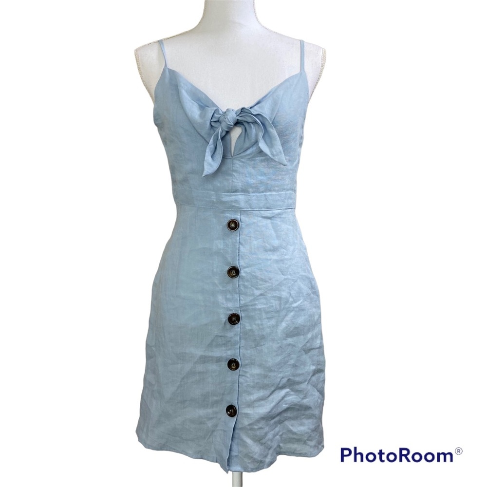Karlie Linen Blend Light Blue Spaghetti Strap Dress Buttons Tie Front Medium